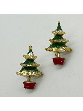 Vintage 1950s Christmas Tree Screwback Earrings Green Enamel Holiday Jewelry Ret